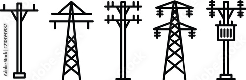 Five black outline of different utility poles and voltage transmission towers for electrical power distribution systems.