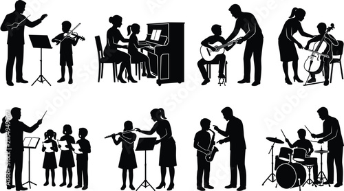 Bild auf Leinwand Black silhouette collection of music teachers instructing children on various mu