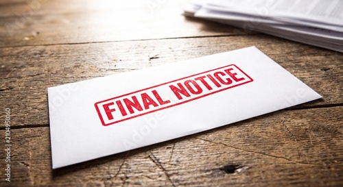 White envelope stamped with final notice text resting upon a weathered dark wooden surface with envelope with envelope