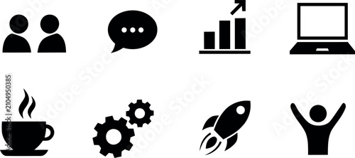 Business icon set collaboration growth technology and success visuals