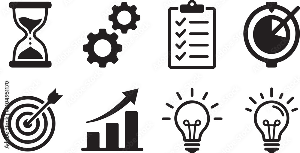 Naklejka premium Set of eight black flat design icons for business and productivity Vector