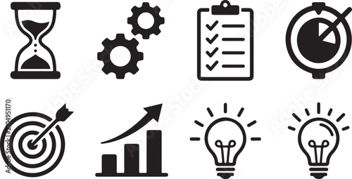 Set of eight black flat design icons for business and productivity Vector