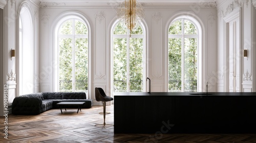 Modern classic interior with black island and arched windows.