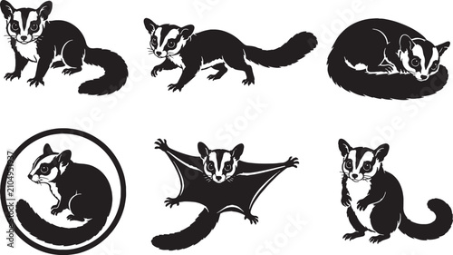 Bild auf Leinwand Sugar Glider Silhouette Icon Set Collection Black Marsupial Vector Isolated on W