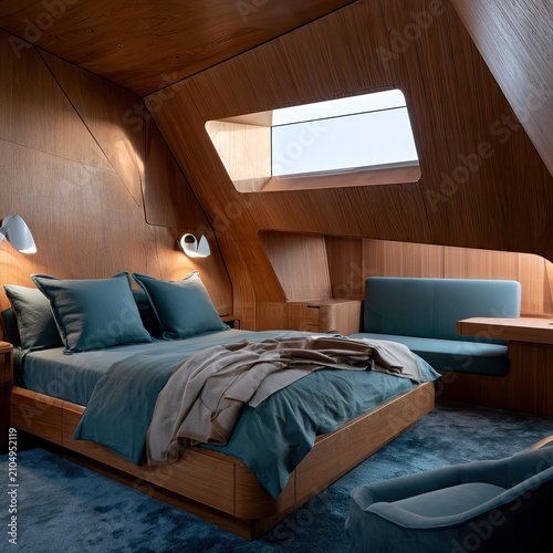 Modern curved wood loft with designer bed set.