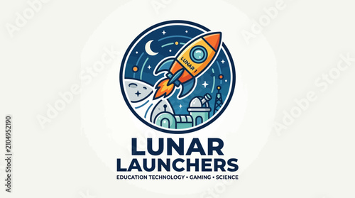 Lunar Launchers logo with a rocket taking off from a moon base.
