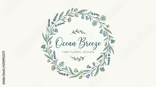 Ocean Breeze floral wreath logo design with delicate botanical elements.
