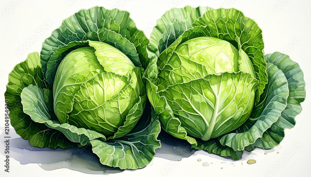 Obraz premium Fresh Green Cabbages with Leafy Outer Layers