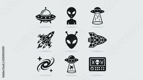 Alien UFO Spaceship Rocket Galaxy Icons Set
