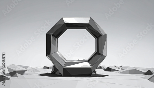 Futuristic Geometric Ring Sculpture on Abstract Landscape