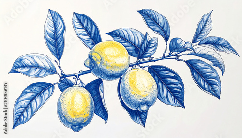 Lemon Branch with Leaves in Artistic Blue Style