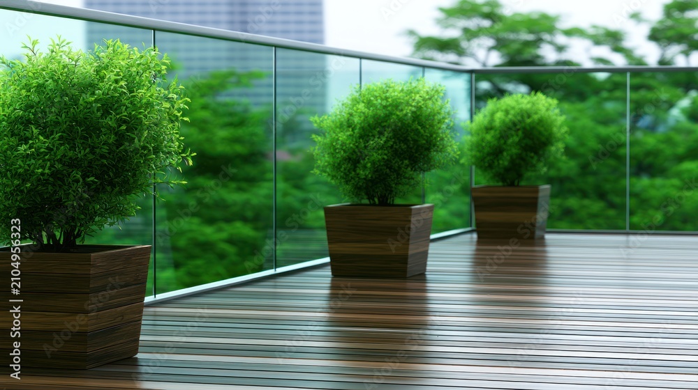 Obraz premium Three green potted plants on wooden terrace with glass railing; urban skyline blurred in the background
