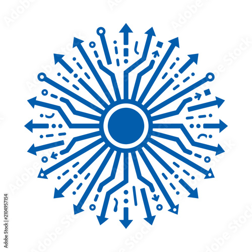 A blue digital radial pattern with circuit board style lines