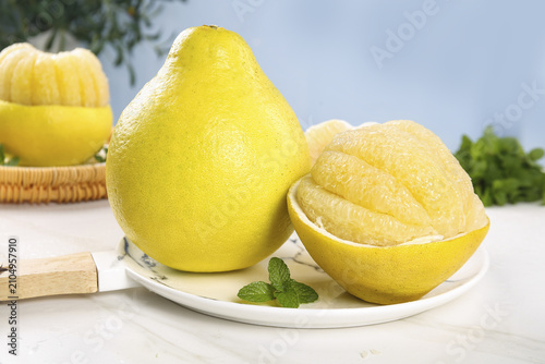 Fresh Pomelo Citrus Fruit from Guangdong Guangxi China Sweet Shatian Variety with Mint Garnish