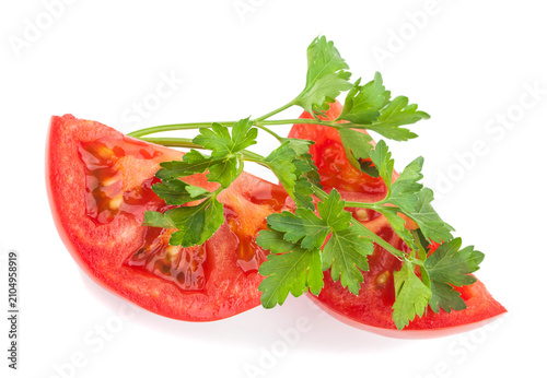 Tomatoes and parsley and cilantro isolated on a white background.