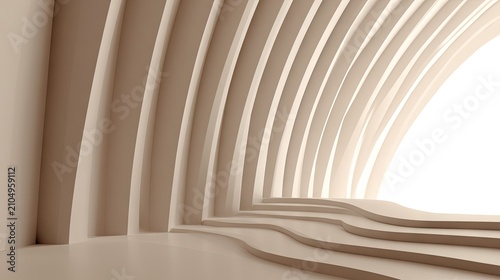Modern interior space with steps and curved walls.