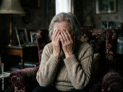 Elderly woman sitting in armchair covering face in grief with distress