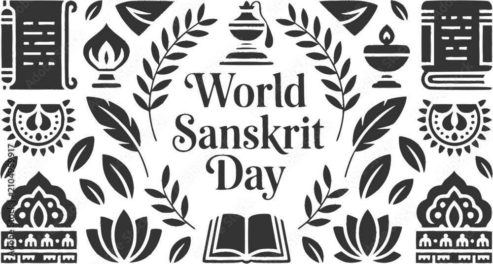 Fototapeta premium World Sanskrit Day banner design featuring central typography framed by laurel branches surrounded by traditional indian motifs ancient scrolls diya lamps lotus flowers inkpot feather quills and scrip