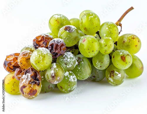 Mixed green and shriveled brown grapes affected by powdery mildew rot on white background