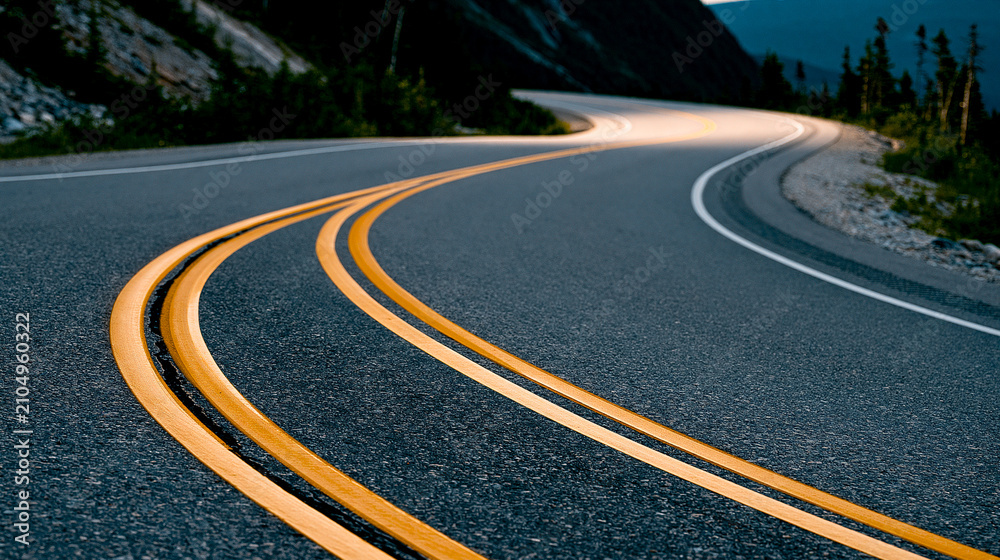 Obraz premium Winding asphalt road through mountainous landscape at dusk with yellow lane markings