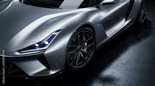 Sleek futuristic silver electric supercar close-up front view in modern studio