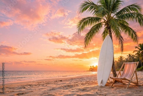 Surfboard and Beach Chair Under Palm Tree at Sunset