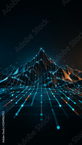 Futuristic digital mountain landscape with glowing circuit board pathways and data streaming lines mountain landscape technology abstract connectivity innovation background