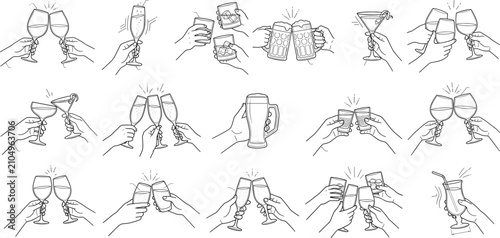 Cuadro en lienzo Collection of people toasting with various alcoholic beverages and cocktails, ha