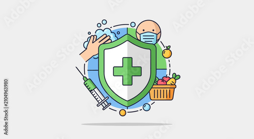 Health shield with hygiene nutrition and vaccine icons