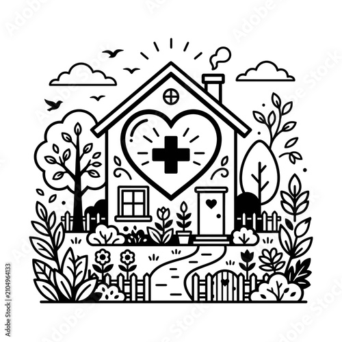 Healthy home illustration with heart and cross.