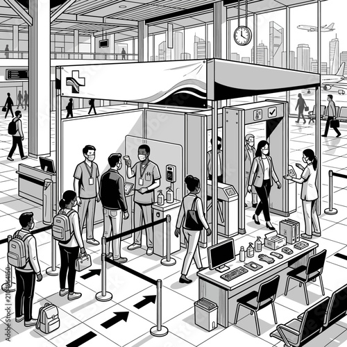 Health screening checkpoint at a busy airport terminal.