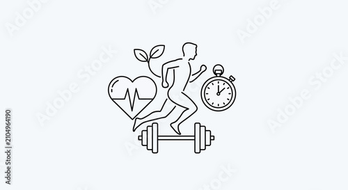 Healthy lifestyle icons with runner, heart, and weights.