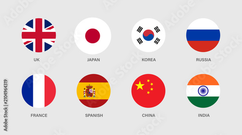 Collection of round country flags for language selector and localization design, featuring English, Japanese, Korean, Russian, French, Spanish, Chinese, and Hindi language options.