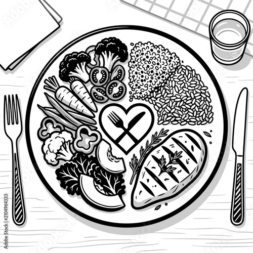 Healthy meal plate with heart icon.