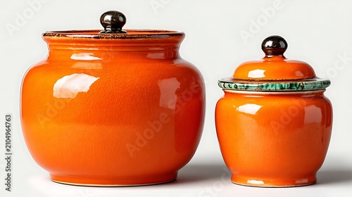 Two orange ceramic jars with dark lids on a white background, pottery kitchenware