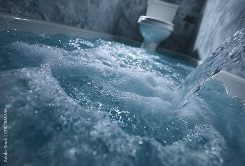 Water pouring into a bathtub with bubbles and foam, bathroom scene filling
