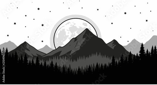 Fotografi Full moon rising over dark mountain peaks and pine forest