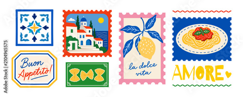 Italy amalfi coast greece santorini dolce vita summer travel postage stamps labels stickers. Mediterranean food pasta lemon tile landscape vignette. Aesthetic kitchen decor wall art print artwork