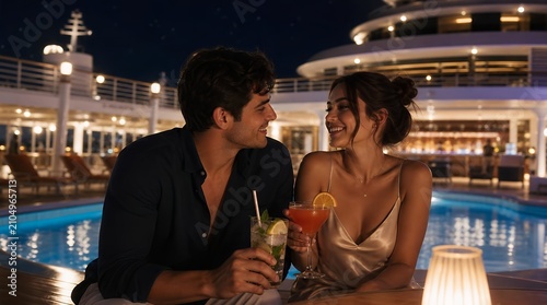 Smiling Young Couple Enjoying Cocktails by Swimming Pool on Luxury Cruise Ship at Night