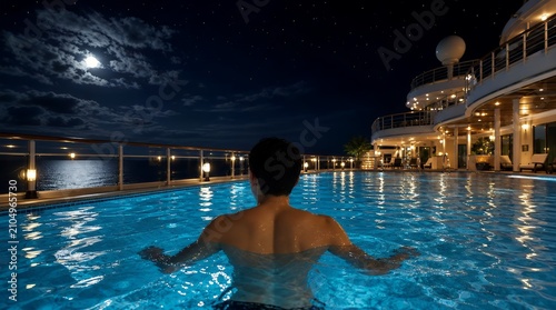 Young Man Relaxing in Swimming Pool on Cruise Ship Deck at Night