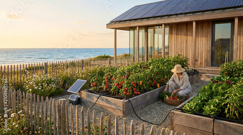Vegetable garden beach woman harvesting organic produce from raised beds at a modern solar powered coastal home at sunset