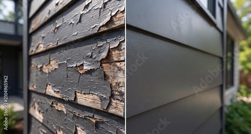A before and after comparison showing old, peeling dark paint on weathered wooden siding next to a freshly painted, smooth, and restored wall surface, home renovation.