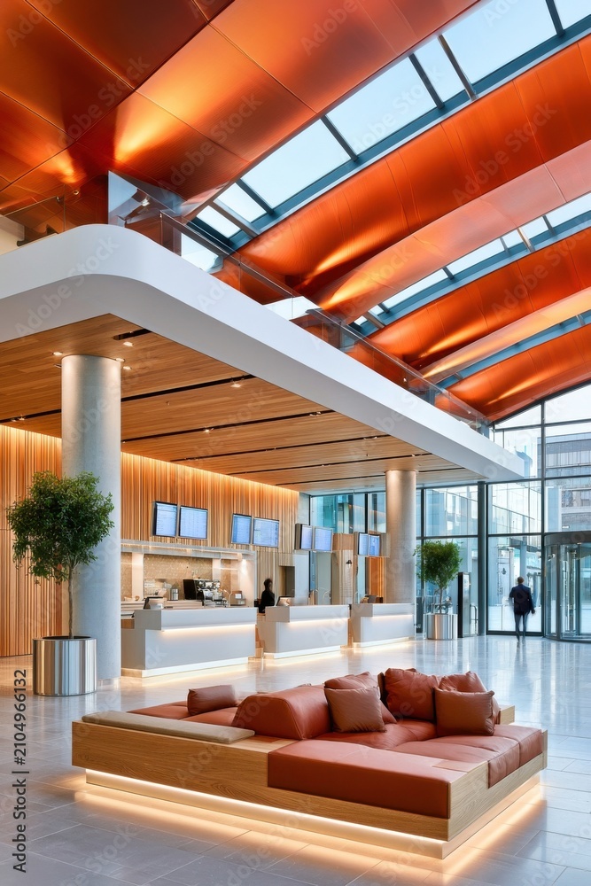 Obraz premium Modern airport terminal lobby with skylight ceiling, check-in desks and contemporary seating for business travelers