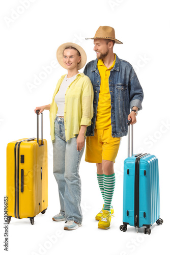 Happy young couple with col...