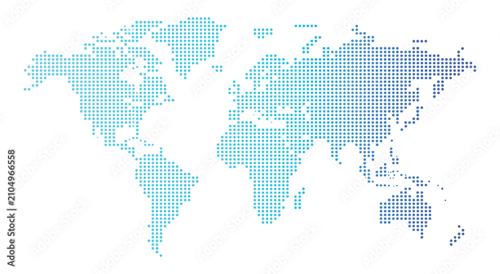 Obraz premium Global Pixel Map: A world map composed of countless small blue and cyan pixels, representing interconnectedness and the digital age.