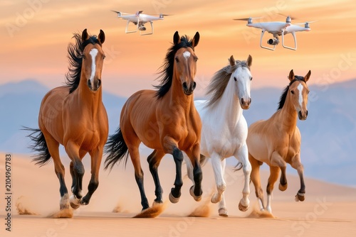 Four horses galloping across desert dunes at sunset with drones capturing aerial footage