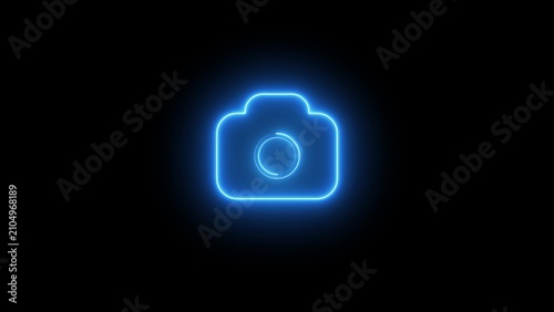 Bild auf Leinwand Bright blue neon outline of a camera with a lens circle on a black background re