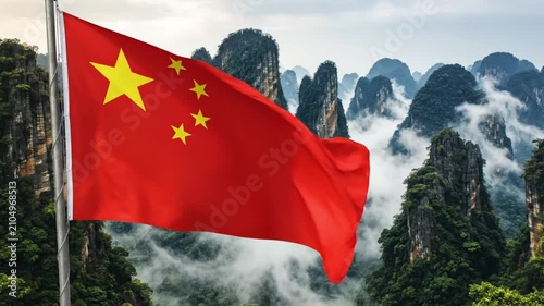 China flag waving over scenic karst mountain landscape with mist