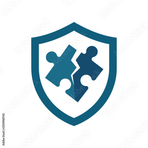 A blue shield icon featuring a broken puzzle piece inside it