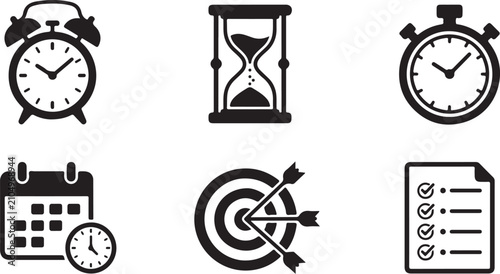 Set of six time management and productivity icons Vector